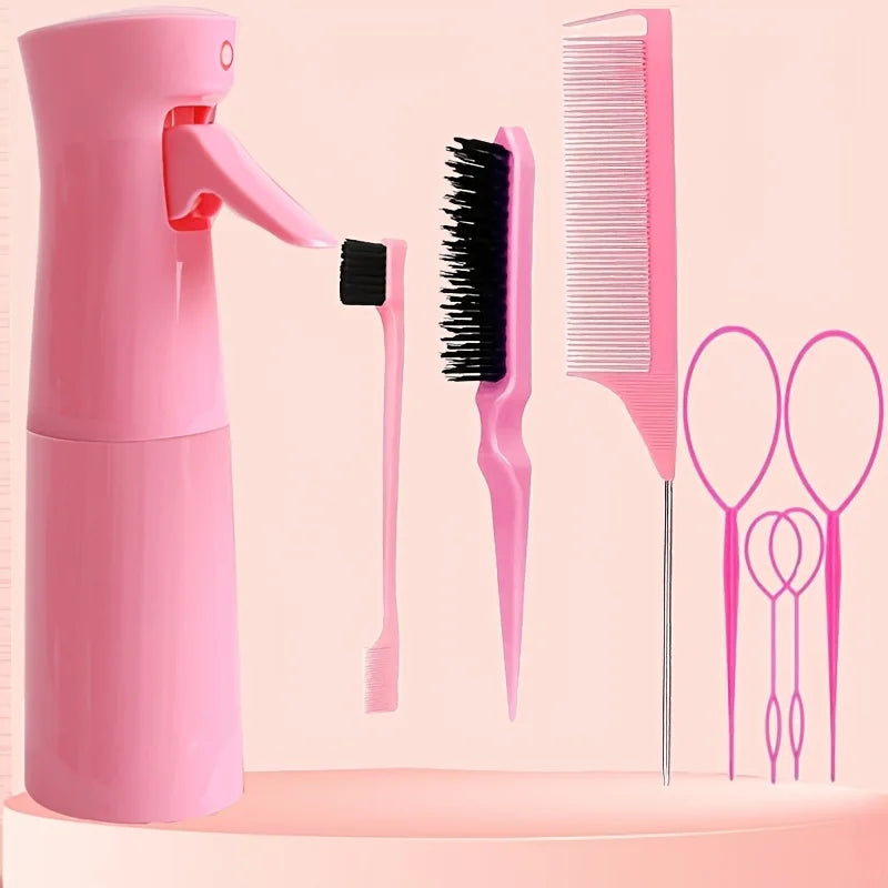 8-teiliges Haarstyling-Set, 6,76-Unzen-Sprühflasche und Nylonhaarbürste, Mausschwanzkamm, Haarbürste mit Kantensteuerung und Haarschwanzwerkzeug
