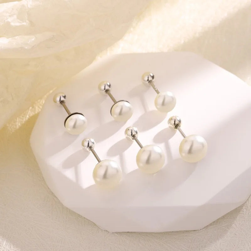 S925 Sterling Silber Retro Perle Schraube Gewinde Runde Perle Stud Ohrringe für Frauen Edlen Schmuck Hohe Luxus Vintage Zubehör