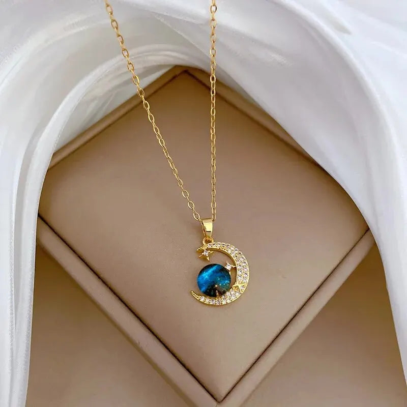 Licht Luxus Titan Stahl Stern Serie Halskette für Frauen Gold Farbe Planet Mond Astronaut Anhänger Halsketten Schmuck Geschenke