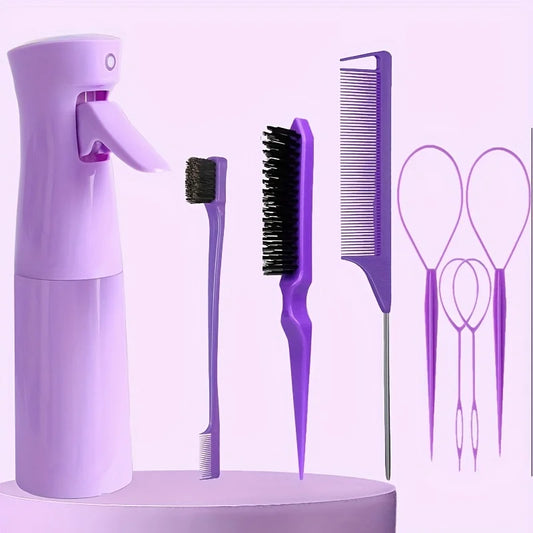 8-teiliges Haarstyling-Set, 6,76-Unzen-Sprühflasche und Nylonhaarbürste, Mausschwanzkamm, Haarbürste mit Kantensteuerung und Haarschwanzwerkzeug