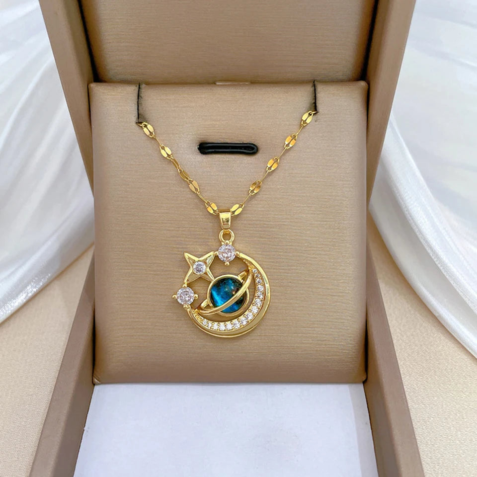 Licht Luxus Titan Stahl Stern Serie Halskette für Frauen Gold Farbe Planet Mond Astronaut Anhänger Halsketten Schmuck Geschenke