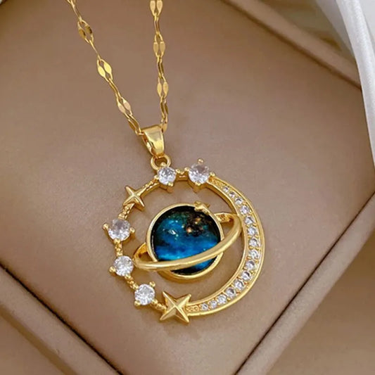 Licht Luxus Titan Stahl Stern Serie Halskette für Frauen Gold Farbe Planet Mond Astronaut Anhänger Halsketten Schmuck Geschenke